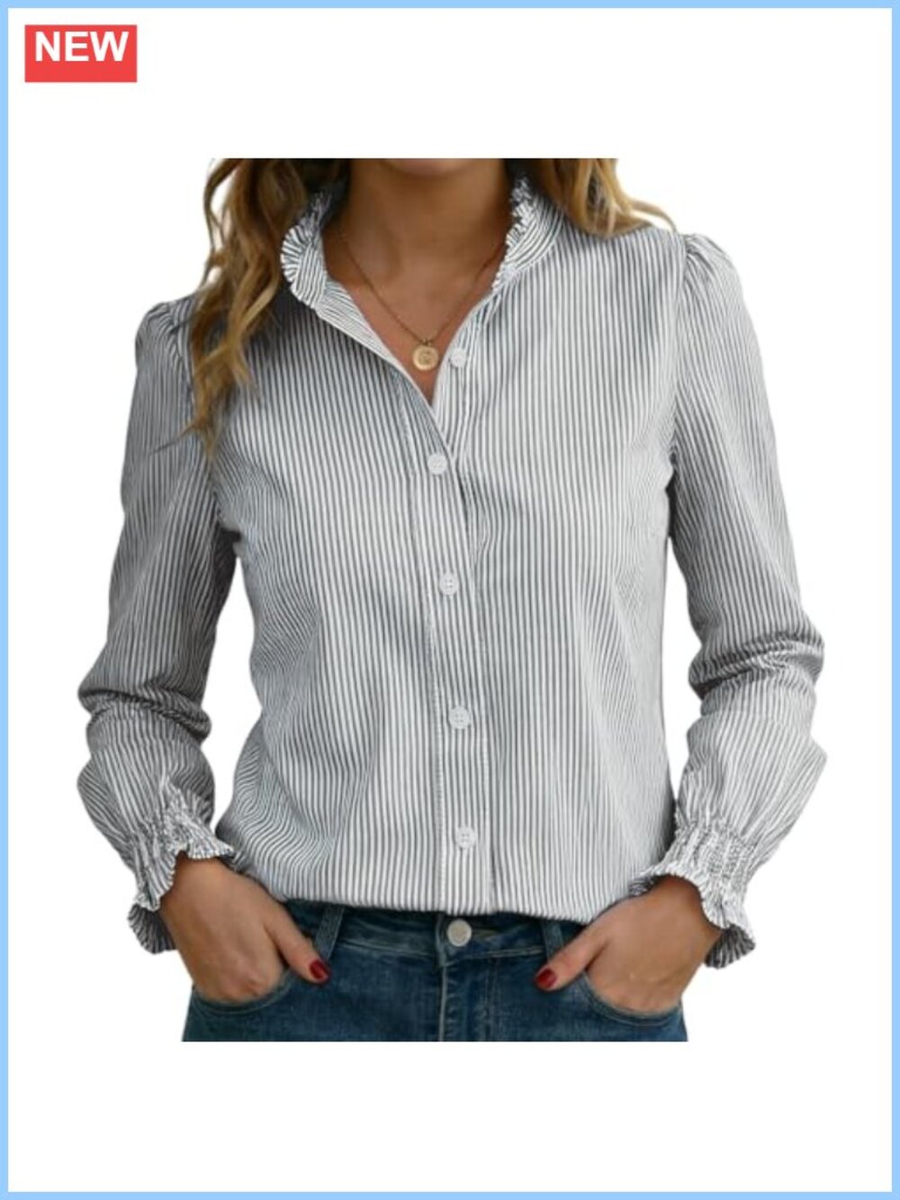 Women's Striped Button Down Shirt Long Sleeve Ruffle Collar Smocked Cuff Blouse